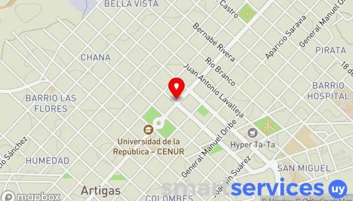 mapa de Agencia República AFAP - Artigas dentro del BROU Institución financiera en Artigas